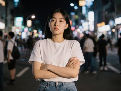 저녁 시간의 도시 거리에서 팔짱을 끼고 서 있는 10대 후반 한국인 여성 모델이 캐주얼한 티셔츠와 청바지를 착용하고 있으며, 주변 동료들을 바라보며 우울한 표정을 짓고 있어, 사색에 잠긴 불만의 감정을 포착하고 있습니다. 어렴풋한 불빛이 비추는 거리에서의 모습입니다.