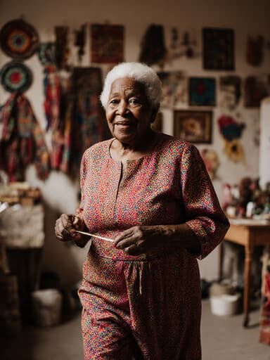 화려한 전통 패턴의 드레스를 입은 70대 흑인 여성이 전신 샷으로 포착되어 있으며, 전통 공예 도구를 들고 천천히 달려가고 있습니다. 배경에 있는 아늑한 공예 작업실은 다양한 수공예 작품으로 장식되어 있어 따뜻하고 초대하는 분위기를 자아내며 그녀의 공예와의 연결을 강조합니다.