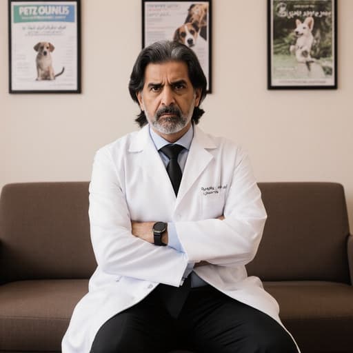 50대 중동계 남성이 중간 길이의 검은 머리와 약간의 회색이 섞인 모습을 하고 있으며, 깔끔한 흰색 의사 가운과 검은색 바지를 착용한 반신 사진입니다. 그는 동물 병원 대기실에 앉아 팔짱을 낀 채로 앞을 바라보며 불만스러운 표정을 짓고 있습니다. 배경은 동물 관련 포스터와 편안한 소파가 있는 따뜻하면서도 약간 긴장된 분위기를 연출합니다.