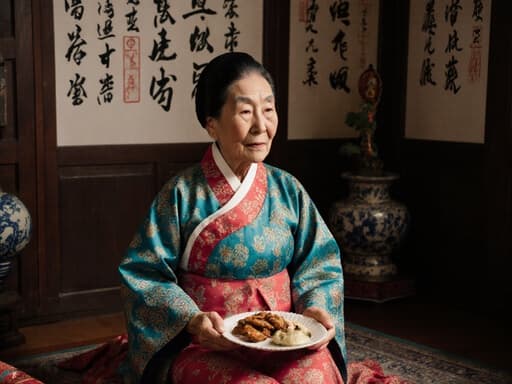 80대 아시아계 여성이 전통 한복을 입고 바닥에 앉아 전통 음식이 담긴 접시를 들고 무관심한 표정을 짓고 있는 반신 상반신 샷입니다. 배경은 붓글씨와 전통 장식품으로 아름답게 꾸며진 거실로, 고요하면서도 무관심한 분위기를 자아냅니다.