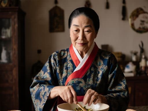 70대의 차분한 동양인 여성이 화려한 문양의 전통 한복을 입고, 전통 음식을 만들기 위해 아늑한 거실에서 재료를 손질하고 있습니다. 그녀는 즐거운 모습으로 요리에 몰두하며, 손을 움직이고 있습니다.