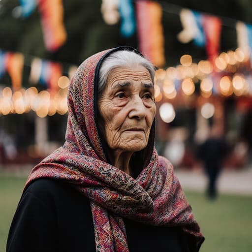 이 이미지는 전통 의상을 입은 중동계의 노년 여성을 담고 있으며, 그녀의 자연스러운 아름다움과 약간의 불안을 표현하면서 다채로운 장식으로 꾸며진 축제 공원을 조심스럽게 걷고 있는 모습이다.
