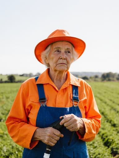 걱정스러운 표정을 짓고 있는 60대 유럽계 여성의 반신 촬영으로, 밝은 색상의 농업 작업복과 모자를 착용하고 있습니다. 그녀는 손에 농약 분무기를 들고 있으며, 풍성한 녹지와 들판이 보이는 그림 같은 농장 배경 앞에 서 있습니다. 이 장면은 농업 작업에 대한 그녀의 걱정을 포착하며, 그녀의 표정, 의상, 자연 배경이 조화롭게 어우러져 농업의 도전을 강조하는 이미지를 만들어냅니다.