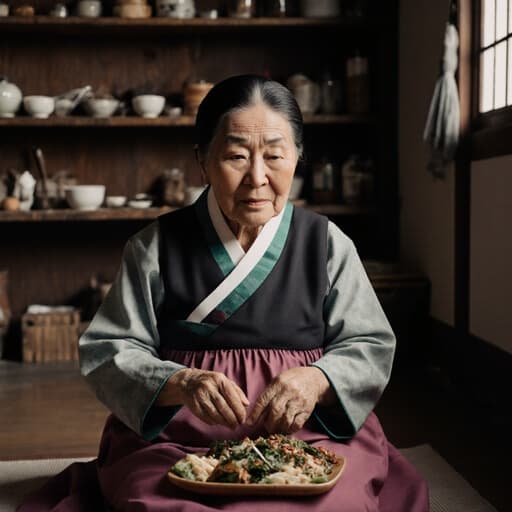 80대 한국인 여성의 반신 사진으로, 자연스러운 외모를 보여주며 전통 한복을 입고 있습니다. 그녀는 아늑한 전통 한국식 주방 바닥에 앉아 전통 음식을 만들고 있으며, 외로운 표정을 짓고 있습니다. 주방의 따뜻하고 아늑한 분위기와 나무 요소, 전통 조리 도구가 그녀의 의상과 문화 유산의 전체적인 테마를 보완합니다. 부드럽고 자연스러운 조명이 그녀의 한복의 섬세한 디테일과 만들고 있는 음식에 강조를 주어 고요하고 향수 같은 분위기를 만들어냅니다.