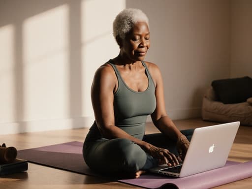60대 흑인 여성이 편안한 요가복을 입고 요가 매트 위에 앉아 컴퓨터를 사용하며 집중한 표정을 짓고 있는 반신 사진입니다. 이 이미지는 조용하고 아늑한 명상 공간에서 부드러운 조명 아래 평화롭고 중심이 잡힌 분위기를 강조합니다.