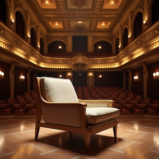 고전 음악회 홀에서의 라운지 체어와 따뜻한 주ambient 조명.
