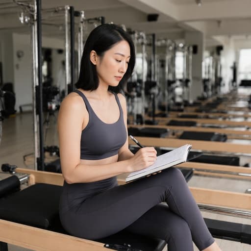 편안한 필라테스 복장을 입은 30대 아시아계 여성이 필라테스 수업 내용을 정리하기 위해 노트를 작성하는 모습이 자연스럽고 평온한 표정으로 반신 촬영된 이미지입니다. 배경은 필라테스 매트와 장비가 배치된 넓고 밝은 운동 공간입니다.