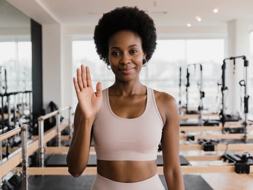 자연스러운 외모를 가진 30대 아프리카계 여성의 반신 촬영으로, 타이트한 운동복과 운동화를 착용하고 손을 흔들며 지루한 표정으로 인사하는 모습입니다. 배경은 깔끔하고 현대적인 필라테스 실로, 운동 매트와 다양한 필라테스 기구가 배치되어 있어 초대하고 편안한 피트니스 분위기를 연출하고 있습니다.
