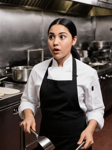 주방 유니폼과 앞치마를 착용한 10대 후반의 라틴계 여성이 주방 기구를 들고 놀란 표정을 지으며 잘 갖춰진 식당 주방을 걷고 있는 반신 촬영 이미지입니다. 주방은 스테인리스 스틸 기기와 생생한 재료들로 가득 차 있어 활기차고 매력적인 분위기를 만들어냅니다.