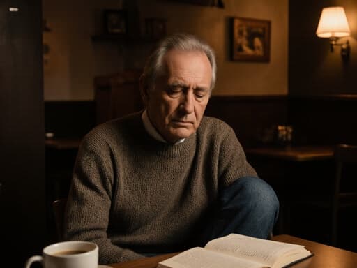 60대 혼혈 남성이 자연스러운 외모로 아늑한 카페에서 따뜻한 분위기를 내며 반신을 촬영한 이미지입니다. 그는 편안한 니트 스웨터와 청바지를 입고 슬픈 표정으로 팔을 무릎 위에 두고 고개를 숙이고 깊은 생각에 잠긴 모습입니다. 배경에는 커피잔과 책이 놓여 있어 평화롭고 사려 깊은 분위기를 만들어냅니다.