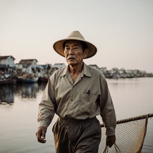 전통 어업 의상을 입고 어망을 들고 걷고 있는 50대 아시아계 남성의 모습으로, 평화로운 어촌 배경에서 긴장한 표정이 경계를 나타내며 어업 라이프스타일을 완벽하게 표현하고 있습니다.