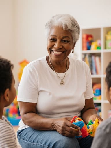 60대 아프리카계 여성은 아늑한 놀이방에서 티셔츠와 청바지를 입고 자연스러운 미소를 지으며 장난감을 들고 아이들과 소통하고 있습니다. 주변에는 다양한 장난감과 책들이 놓여 있어 화사한 분위기를 자아냅니다.