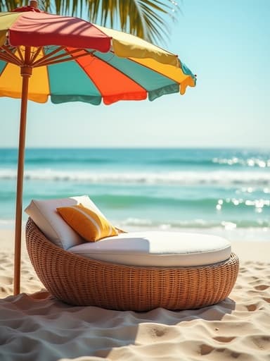 라운지 체어, 가구, 다양한 색상의 해변 파라솔 아래, 모래사장, 부드러운 파도, 여름 분위기