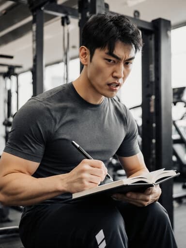 20대 아시아계 남성이 반신샷으로 포착되어 있으며, 운동복을 입고 강하고 집중한 표정으로 운동 성과를 기록하기 위해 노트에 쓰고 있는 모습이 활기찬 피트니스 스튜디오 배경 속에서 나타나고 있습니다.