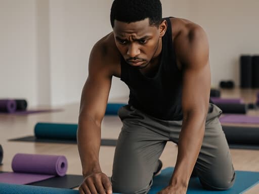 편안한 요가복을 입은 아프리카계 남자아이의 반신 사진이 담겨 있습니다. 자연스러운 외모를 가진 그는 요가 매트를 정리하는 모습에서 약간 실망한 표정을 짓고 있으며, 밝고 조용한 요가 수업실에서 요가 매트와 기구들이 놓여 있어 공간과의 상호작용을 강조합니다.