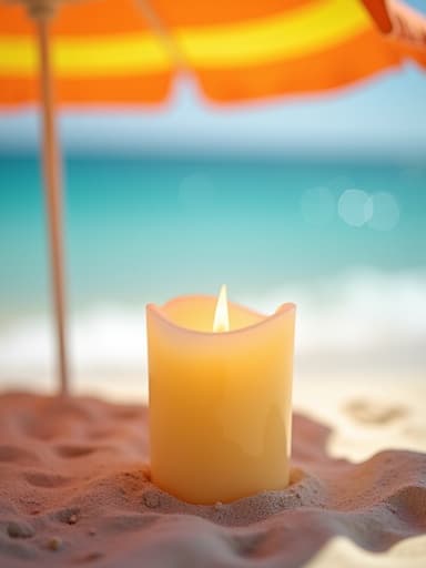 촛불, 다채로운 해변 파라솔 아래 모래 해변 표면, 따뜻하고 편안한 분위기