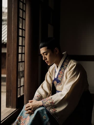 고급스러운 한복을 입은 20대 아시아계 남성이 고개를 숙이고 절망한 표정을 지으며 크로스 레그로 앉아 있는 모습, 아늑한 한옥 실내와 나무 기둥 및 미닫이문이 배경에 있습니다.