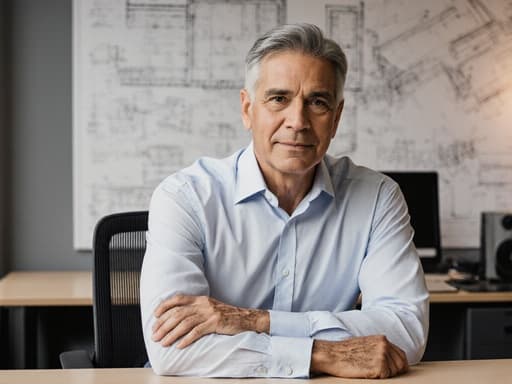 50대의 라틴계 남성이 깔끔한 셔츠와 정장 바지를 입고 현대적인 건축 사무소에 앉아 있습니다. 자연스러운 외모와 자신감 있는 표정이 전문적인 분위기를 보여주며, 배경에는 설계도와 컴퓨터가 있습니다.