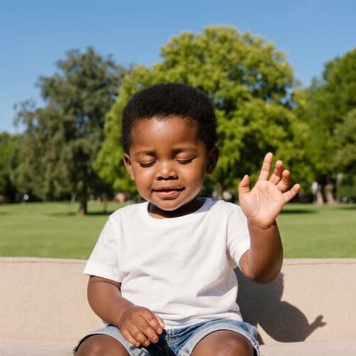 편안한 티셔츠와 반바지를 입은 귀여운 3세 흑인 남자아이가 푸르고 넓은 공원에서 소파에 앉아 있습니다. 졸린 표정으로 눈을 감고 손가락으로 숫자를 세고 있는 모습이 주변의 활기차고 즐거운 분위기 속에서 순수한 아이의 모습을 잘 드러냅니다.