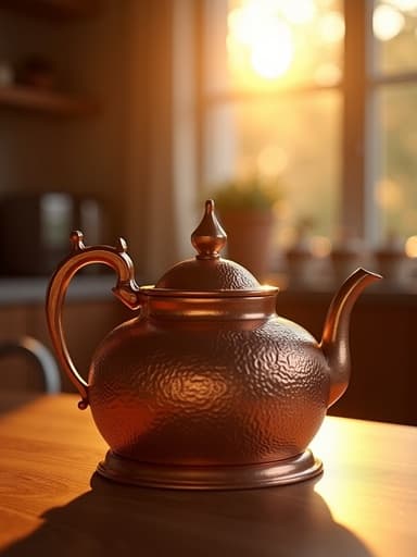 따뜻하고 매력적인 분위기를 조성하는 황금빛 노을이 비치는 나무 주방 카운터 위에 있는 주전자.