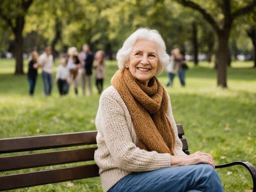 70대 백인 여성이 편안한 니트 스웨터와 청바지, 따뜻한 색상의 스카프를 착용하고 공원 벤치에 앉아 있습니다. 그녀는 차분하고 따뜻한 미소를 지으며 가족을 기다리고 있으며, 주변에는 푸른 잔디와 나무가 있는 활기찬 공원이 펼쳐져 있고, 다른 가족들이 함께 시간을 즐기고 있습니다.