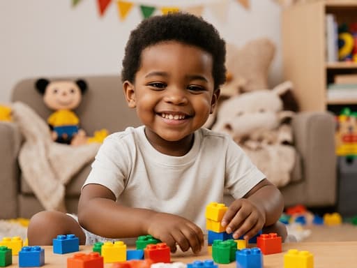 아늑한 집의 놀이 공간에서 레고 블록을 조립하며 미소 짓고 있는 3세 흑인 남자아이의 반신 촬영 이미지로, 순수함과 창의성을 강조합니다.