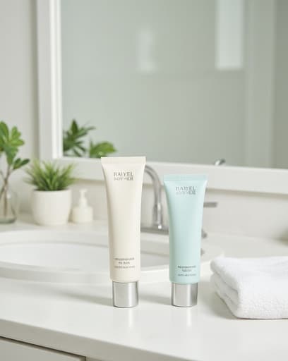 밝고 공기가 맑은 욕실 세면대에 두 개의 우아한 스킨케어 크림 튜브가 전시되어 있습니다. 크림은 부드러운 파스텔 색상으로 아름답게 디자인되었으며, 세면대에는 작은 화분과 푹신한 흰색 수건이 장식되어 있어 평화롭고 초대하는 분위기를 만들어 냅니다.