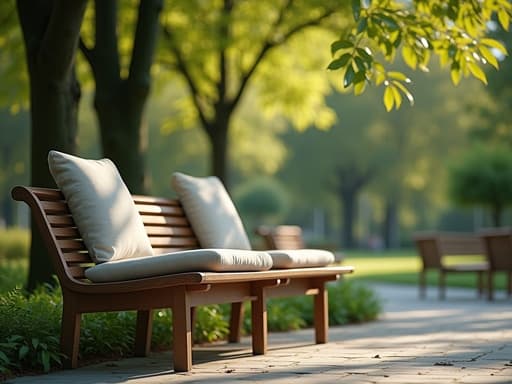 도시의 공원 벤치에 놓인 현대적인 의자, 자연 재료, 부드러운 쿠션, 섬세한 마모, 나뭇잎 사이로 비치는 점박이 햇빛, 부드러운 그림자, 배경의 생생한 녹음, 평화롭고 아늑한 분위기.