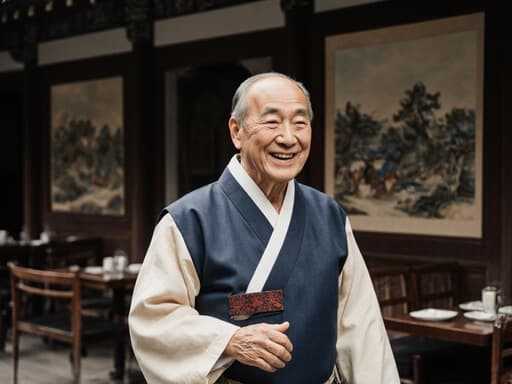 전통 한복을 입고 따뜻하게 미소 지으며 이야기하는 70대 아시아계 남성의 반신 사진. 클래식한 그림으로 장식된 아늑한 전통 카페에서 문화적 내러티브를 표현하고 있습니다.