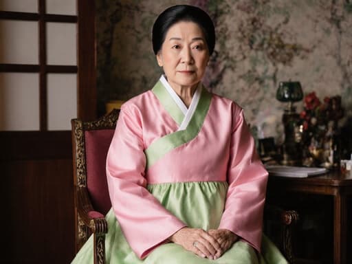 70대 아시아계 여성의 반신 촬영으로, 자연스러운 외모를 가진 전통적인 한복을 입고 있습니다. 따뜻한 거실에 앉아 지루한 표정을 지으며 약간의 피곤함을 느끼고, 무릎 위에 손을 올리고 있습니다. 전통 음악에 어울리는 장식들이 주변을 감싸며 문화적인 분위기를 더합니다.