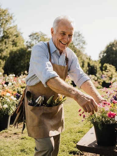 50대의 유럽계 남성이 자연스러운 외모로, 편안한 셔츠와 바지를 입고 꽃꽂이 도구가 담긴 앞치마를 착용하고 있는 반신사진입니다. 그는 꽃을 다루며 즐겁게 웃고 행복한 표정을 짓고 있으며, 춤추듯이 움직이고 있습니다. 배경은 햇살이 비치는 공원으로 다양한 꽃들이 만개해 있어, 그의 꽃과의 상호작용을 강조하며 생기 넘치는 분위기를 만들어냅니다.