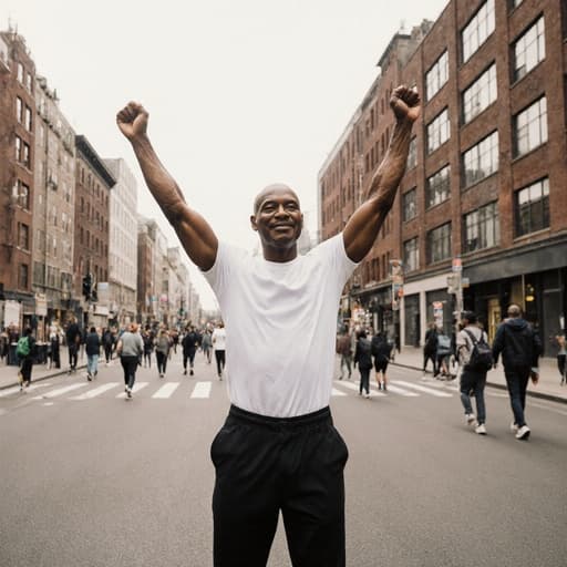 이 이미지는 자연스러운 외모를 가진 50대 아프리카계 남성이 편안한 스포츠웨어를 착용하고 팔을 높이 올리며 스트레칭하는 모습을 담고 있습니다. 그는 자유롭고 긍정적인 표정을 지으며, 배경에는 사람들로 가득한 활기찬 도시 거리 풍경이 펼쳐져 있어 생동감 넘치는 분위기를 자아냅니다.