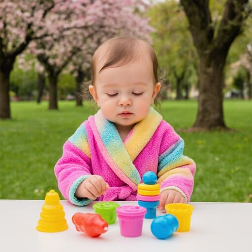 밝은 색상의 아기용 목욕 가운을 입고 졸린 듯 편안한 표정을 짓고 있는 1세 유럽계 소녀의 반신 사진. 그녀는 테이블에 앉아 목욕 장난감을 가지고 놀고 있으며, 푸르른 공원과 나무, 꽃들이 어우러진 배경이 즐거운 분위기를 더해줍니다.