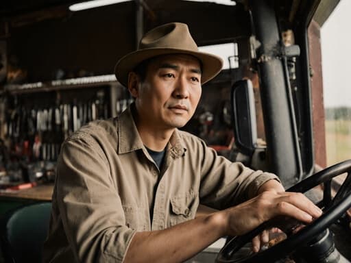 걱정스러운 표정을 짓고 있는 30대 아시아계 남성이 편안한 농작업복과 모자를 착용하고, 농장의 작업대에 앉아 농기계의 조작 패널에 손을 올려놓고 생각에 잠긴 모습입니다. 배경에는 다양한 도구와 장비가 있는 농장 환경이 펼쳐져 있으며, 농촌 생활의 열정이 잘 드러납니다.
