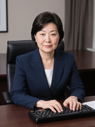 50대의 한국인 여성이 정장 차림으로 컴퓨터 앞에 앉아 키보드를 타이핑하고 있는 모습의 반신 사진. 법률 사무소의 회의 테이블이 배경에 있어 권위와 전문성을 전달합니다.