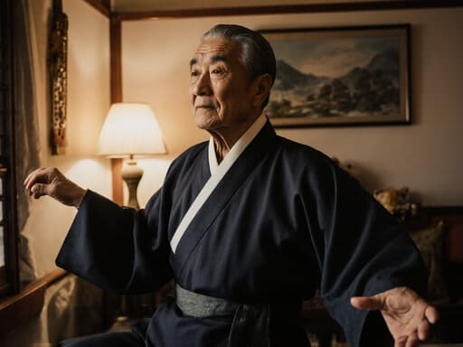 70대 아시아계 남성이 전통 한복을 입고 외로운 표정을 지으며 멀리 바라보는 모습의 반신 사진. 아늑하고 따뜻하게 조명된 거실에서 전통적인 소품들이 배치된 배경 속에서 전통 춤 자세를 취하고 있습니다.