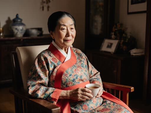 전통 한복을 입은 80세의 한국인 여성이 전통 한국 장식으로 가득한 아늑한 거실에서 편안하게 앉아 차를 들고 있습니다. 차분하고 온화한 표정은 마음의 평화를 나타냅니다.