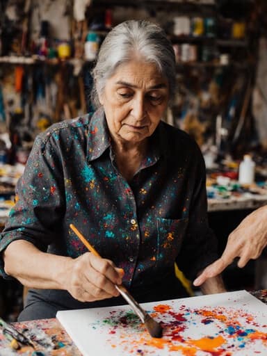 50대 중동계 여성의 반신을 담은 사진으로, 그녀는 페인트 얼룩이 있는 셔츠를 입고 집중하여 작품을 작업하고 있습니다. 한 손에는 페인트 브러시를 들고 다른 손은 캔버스 위에서 우아하게 움직이고 있습니다. 배경에는 다양한 색상의 페인트와 도구가 어지럽게 놓여 있는 창작 공간이 있어 창의적인 분위기를 연출합니다.