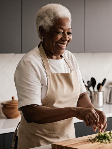 60대 아프리카계 여성의 반신 촬영으로, 편안한 요리복과 앞치마를 입고 재료를 다루며 춤추듯이 움직이는 모습입니다. 아늑하고 현대적인 주방에서 잘 정리된 조리대와 다양한 조리도구가 있는 공간이 조화롭게 배치되어 있어 그녀의 편안하고 행복한 표정을 강조합니다.