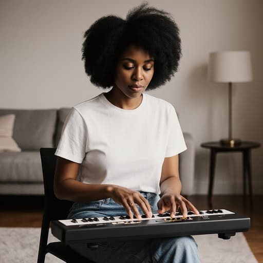 30대의 자연스러운 외모를 가진 흑인 여성이 현대적인 거실에서 편안하게 앉아 있는 반신 샷입니다. 그녀는 간단한 티셔츠와 청바지를 입고 있으며, 편안하면서도 스타일리시한 모습을 보여줍니다. 차가운 표정으로 악기를 연주하며 손가락을 우아하게 움직이고 있습니다. 배경은 소파와 작은 테이블이 배치된 현대적인 거실 공간으로, 악기가 눈에 띄게 놓여 있어 창의적이고 집중된 분위기를 더하고 있습니다.