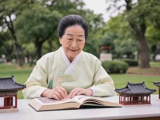 80대의 동양인 여성, 부드러운 파스텔 톤의 전통 한복을 입고 아름다운 공원에 앉아 있습니다. 그녀는 전통 건축에 관한 책을 살펴보며 따뜻하고 피곤한 미소를 짓고 있습니다. 배경은 울창한 공원과 전통 건축물 모형이 어우러져 조화롭고 문화적인 분위기를 만들어냅니다.