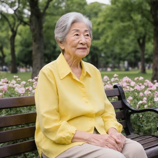 70대의 지혜로운 한국인 여성이 밝은 색의 블라우스와 편안한 바지를 입고 공원 벤치에 앉아 주변을 따뜻하게 바라보며 가족을 기다리는 모습의 반신 사진. 푸르고 화려한 꽃이 가득한 평화로운 공원이 배경으로 펼쳐져 있습니다.