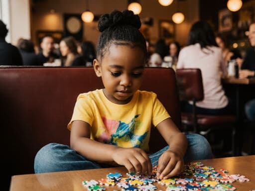 자연스러운 외모를 가진 7세의 흑인 소녀가 카페의 테이블에 앉아 다리를 교차하고 밝은 색상의 티셔츠와 청바지를 입고 퍼즐 조각을 맞추는 데 집중하고 있습니다. 그녀는 약간 배고픈 표정을 지으며, 배경에는 다른 손님들이 대화하는 모습이 보이며 아늑한 분위기를 자아냅니다.