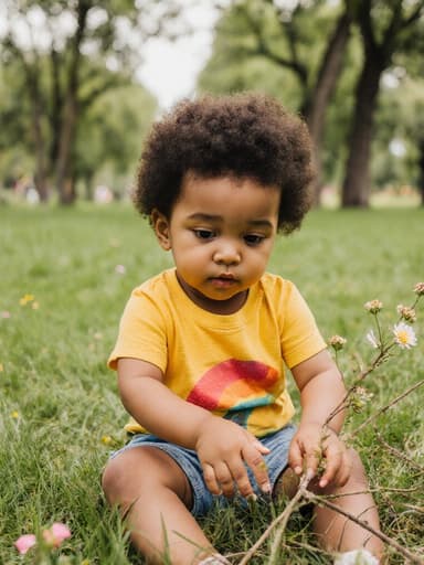 3세의 라틴계 소녀가 귀여운 모습으로 밝은 색상의 티셔츠와 편안한 반바지를 입고 잔디에 앉아 주변의 꽃과 나뭇가지를 만지작거리며 호기심 어린 표정을 짓고 있는 모습의 반신 사진. 배경은 푸르른 잔디와 나무가 있는 공원이다.
