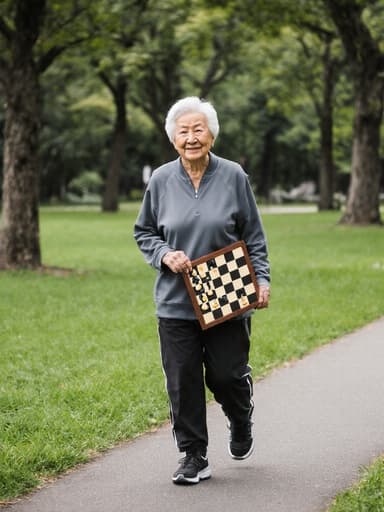 80대 아시아계 여성이 편안한 운동복을 입고 천천히 평화로운 공원을 걷고 있으며 체스판을 들고 있습니다. 그녀의 표정은 피곤하지만 따뜻한 미소를 지니고 있습니다. 배경의 푸른 잔디와 나무들이 이 장면의 평화로운 분위기를 더해줍니다.