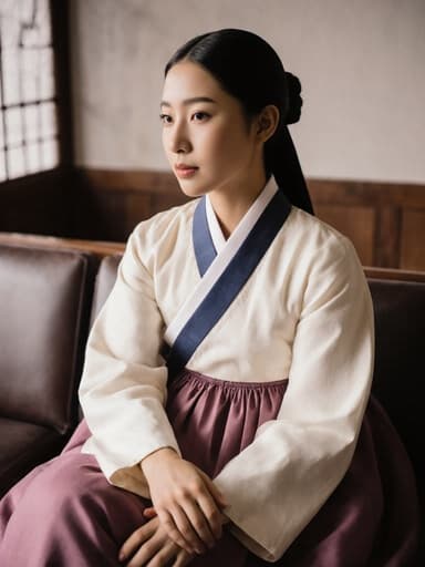 20대의 흑인 여성의 반신 촬영으로, 전통 한복을 아름답게 착용하고 있습니다. 그녀는 편안하고 자유로운 느낌을 주며, 무릎 위에 손을 자연스럽게 올리고 크로스 레그로 앉아 있습니다. 배경은 현대적인 요소와 전통적인 장식이 조화를 이루는 한의학 연구소의 대기실로, 차분한 분위기를 연출합니다.