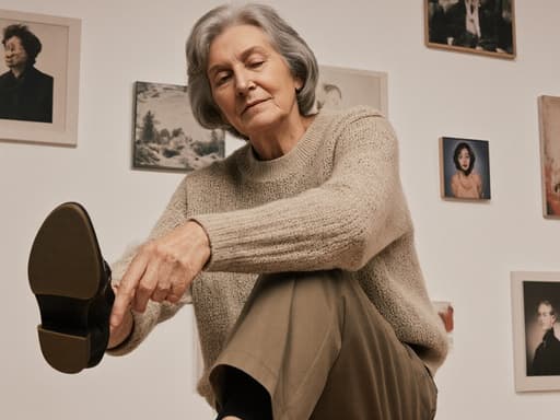 60대 유럽계 여성이 세련된 니트 스웨터와 편안한 바지를 입고, 잘 맞는 신발을 신기 위해 발을 들어올리며 집중하는 모습의 반신 사진입니다. 배경은 다양한 사진 작품이 걸린 사진 전시 공간으로, 장면의 차분하고 집중된 분위기를 더합니다.