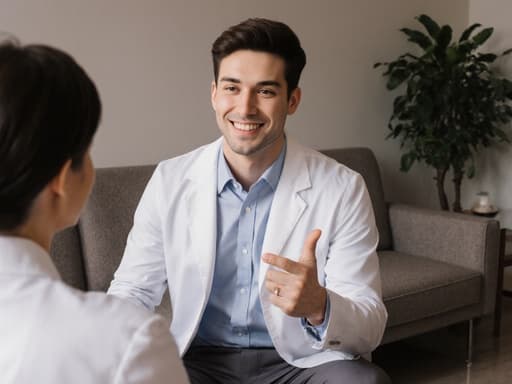 20대 백인 남성이 의사 가운을 입고 편안한 대기실에 앉아 환자를 향해 친근하게 손짓하며 미소를 짓고 있습니다. 배경에는 편안한 소파와 식물이 배치되어 아늑하고 기분 좋은 분위기를 연출하고 있습니다.