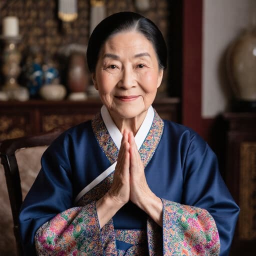 70대 백인 여성으로, 화려한 전통 한복을 입고 아늑한 거실에서 전통적인 한국 소품들과 함께 서 있습니다. 그녀는 가슴 앞에 두 손을 모으고 따뜻한 미소를 지으며 평화롭고 문화적인 분위기를 전달합니다.