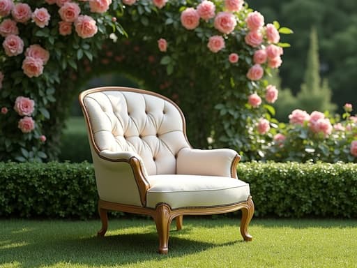 라운지 체어, 가구, 꽃이 만발한 장미와 무성한 녹색 울타리가 있는 클래식 영국 정원, 평화롭고 초대하는